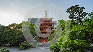 Tochoji Temple with the Red Pagoda in Hakata, Fukuoka Prefecture, Japan