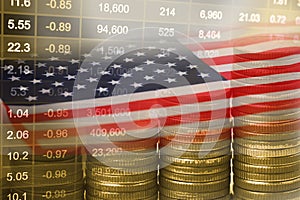 Tock market investment trading financial, coin and USA America flag or Forex for analyze profit finance business trend data