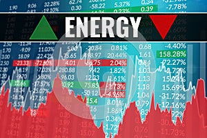 Tock market sector Energy on blue and red finance background with numbers and charts. Financial market concept