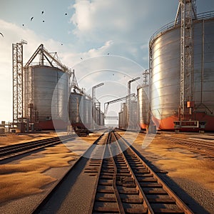 tocks of grain in granaries. grain deal concept, metal racks for grain storage next to railroads