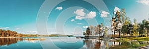 Tocksfors, Sweden. Old White Stommen Church In Sunny Summer Day. Local Landmark. Panorama