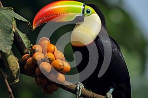 Toco toucan Ramphastos toco relishing a mango in Pantanal, South America