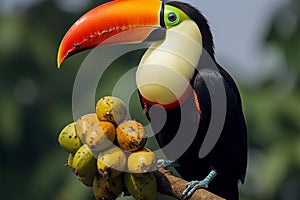 Toco toucan Ramphastos toco relishing a mango in Pantanal, South America