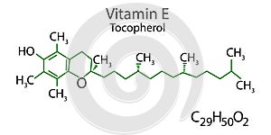 Tocopherol skeletal formula. Vitamin E molecular structure. Scientific background. Vector illustration. Stock image.