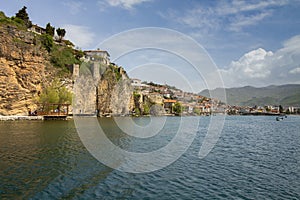 Landscape of Ohrid Lake overlooking the Old Town. Against a beautiful cloudy sky. Northern Macedonia.