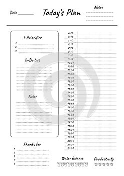 Today s Plan planner printable template Vector. Blank white notebook page A4
