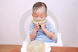 Toddler baby boy child eating melon, Little kid sitting in high chair eating fruit, Self feeding