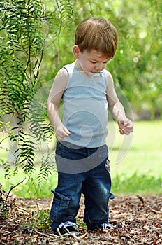 Toddler baby boy discovering treasures in forest