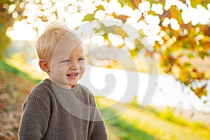 Toddler boy blue eyes enjoy autumn. Small baby toddler on sunny autumn day. Warmth and coziness. Happy childhood. Sweet