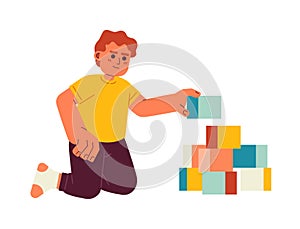 Toddler boy building pyramid cubes semi flat color vector character photo