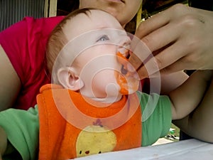 Toddler boy eats apricot from mother`s hands