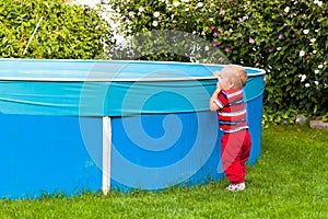 Toddler boy exploring garden swimming pool