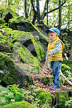 Toddler boy hiking and climbing in mountains