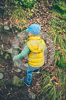 Toddler boy hiking in mountains