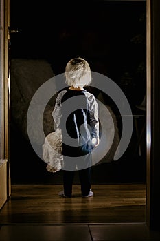 Toddler boy, hodling teddy bear, standing in hallway next to the door to bedroom, fairy tale picture