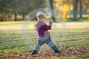 Toddler boy playing in an autumn park