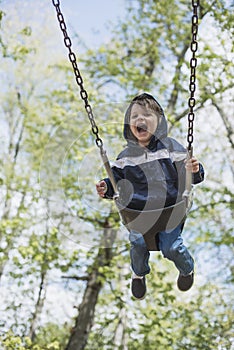 Toddler Boy Swinging In The Early Spring
