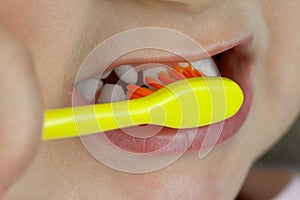 Toddler brushes her teeth with toothbrush