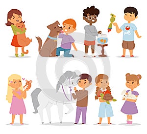 Toddler cartoon kids characters petting little pet in and cute kind child feeding animals friends in the zoo friendship