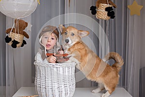 Toddler child and dog, boy and puppy playing together at home