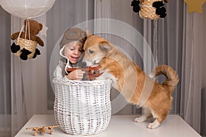 Toddler child and dog, boy and puppy playing together at home