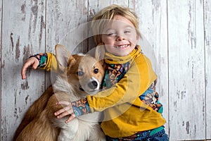 Toddler child and dog, boy and puppy playing together at home