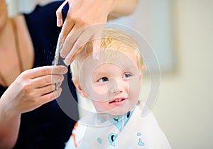 Toddler child getting his first haircut