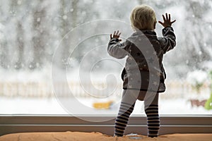 Toddler child standing in front of a big window leaning against photo