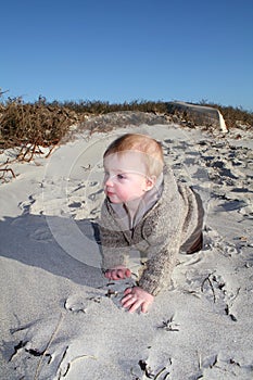 Toddler crawling on beach