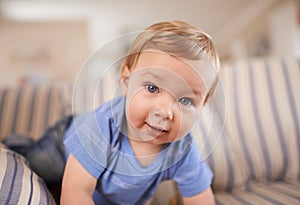 Toddler, crawling and portrait of baby in sofa or home for fun playing or learning in living room. Energy, boy or face