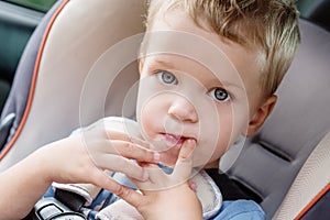 Toddler cute kid sucks a finger