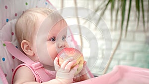 Toddler girl eating fruit. Little child eating red apple