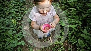 Toddler girl holding a cup with wild strawberries standing on footpath