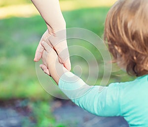 Toddler girl holding hands with her parent