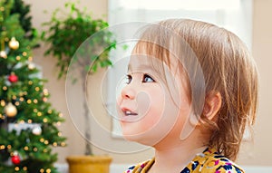 Toddler girl with a nice smile in front of her Christmas tree