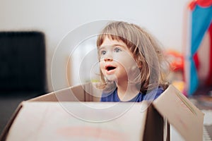 Toddler Girl Playing in a Cardboard Box at Home