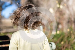 Toddler girl with shiny brown hair in the park, back side view