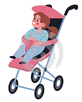 Toddler girl sitting in buggy, small kid in pram