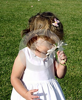 Toddler girl smelling flower