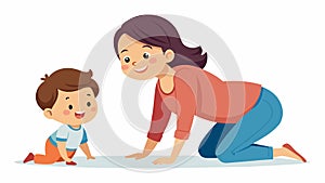 A toddler gleefully crawling under their mothers bridge pose while she encourages them with a smile.. Vector photo