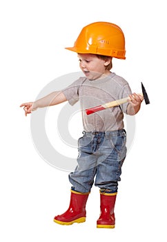 Toddler in hardhat with hammer