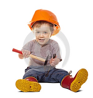 Toddler in hardhat with tools over white