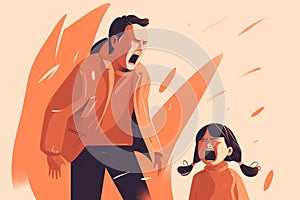 Toddler having a temper tantrum. Sad child screaming in anger. Frustrated parent shouting at his kid. Hardships of parenting