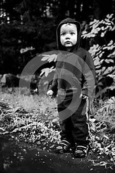 Toddler Holding a Dandelion Flower - Black and White