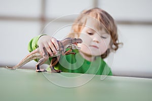 Toddler kid playing with a toy dinosaur