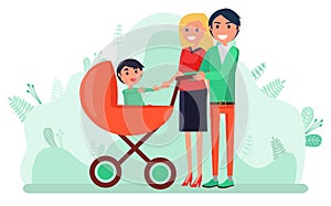 Toddler Kid in Pram, Mother and Father with Child