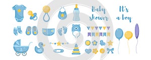 Toddler nursing and health care and hygiene products with decorative elements for baby shower design.