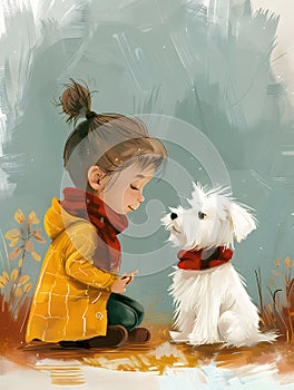 Toddler painting a happy illustration of her companion dog with fur