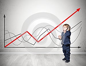 A toddler is on the phone near a concrete wall with graphs