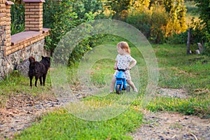 Toddler playing riding a toy bike at the street